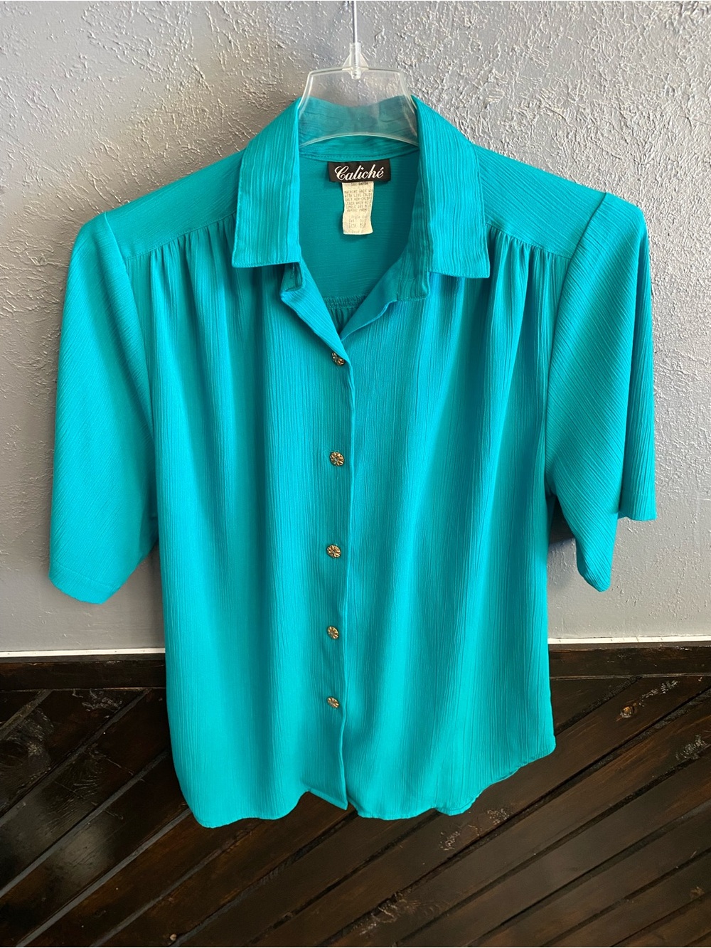 Vintage Caliché Collection Teal Textured Crinkle Blouse Top Sz Medium relaxed